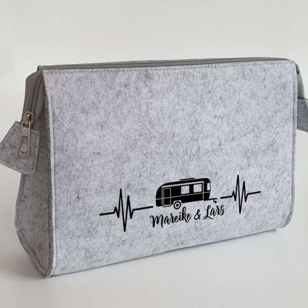 Wohnwagen Kulturtasche aus Filz 28x19x8 cm | Personalisiert | Kosmetiktasche mit Namen | Campingtasche | Camper | Geschenk | Beauty Bag