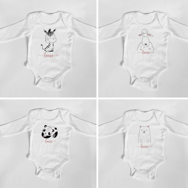 Personalisierter Body mit langen Armen, Gr. 62,  100% Baumwolle, Organic Cotton, Geschenk, Geschenkidee zur Geburt, Zebra, Schaf, Panda, Bär