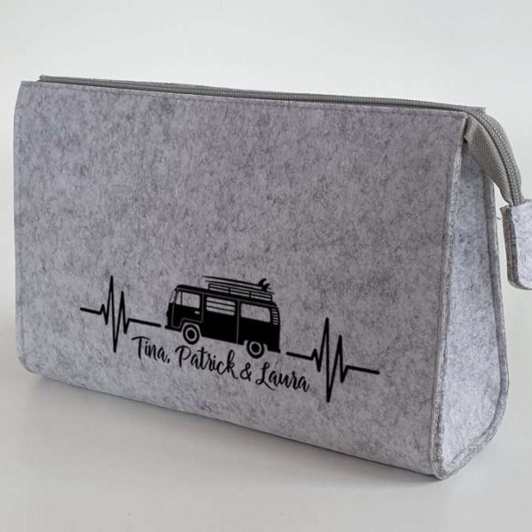 Camper Bulli Kulturtasche aus Filz 28x19x8 | Personalisiert | Kosmetiktasche mit Namen | Campingtasche | Geschenk | Beauty Bag