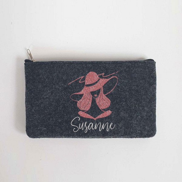 Kleine Schminktasche mit glitzernder Frauen Silhouette aus Filz 18x10 cm | Personalisiert | Kosmetiktasche mit Namen |  Beauty Bag