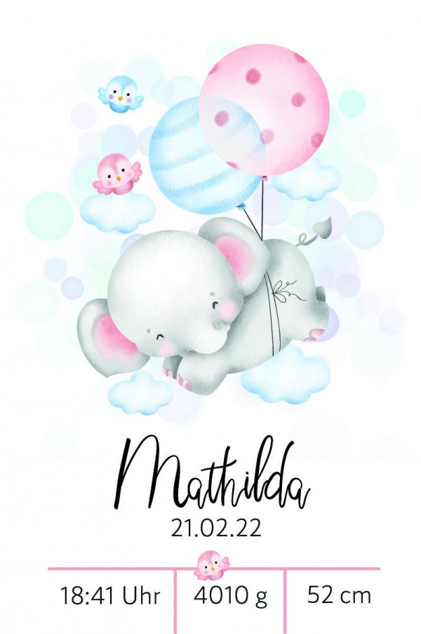 Personalisiertes Poster | Geburtsdaten | Geburt | Elefant | Geschenk | Baby | Junge | Mädchen | Plakat – Bild 4