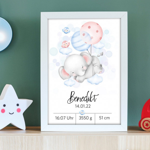 Personalisiertes Poster | Geburtsdaten | Geburt | Elefant | Geschenk | Baby | Junge | Mädchen | Plakat