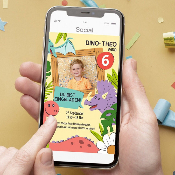 Digitale Einladung mit Foto zum Geburtstag - Karte - Whats App, EMail oder zum ausdrucken - Dinoparty - Einladungskarte - Personalisiert