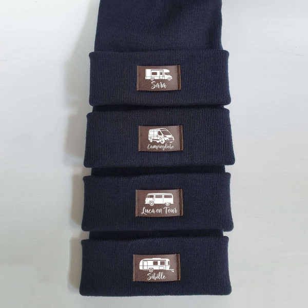 Camping Mütze personalisiert | Hipster Beanie | Mütze | Wintermütze | Blaue Mütze mit Namen | Kinder und/oder Erwachsene | Wohnwagen | Bulli