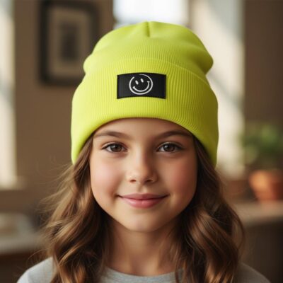 Kinder Mütze Smiley | Hipster Beanie | Mütze | Wintermütze | Neon gelbe Mütze mit Smiley | Winter
