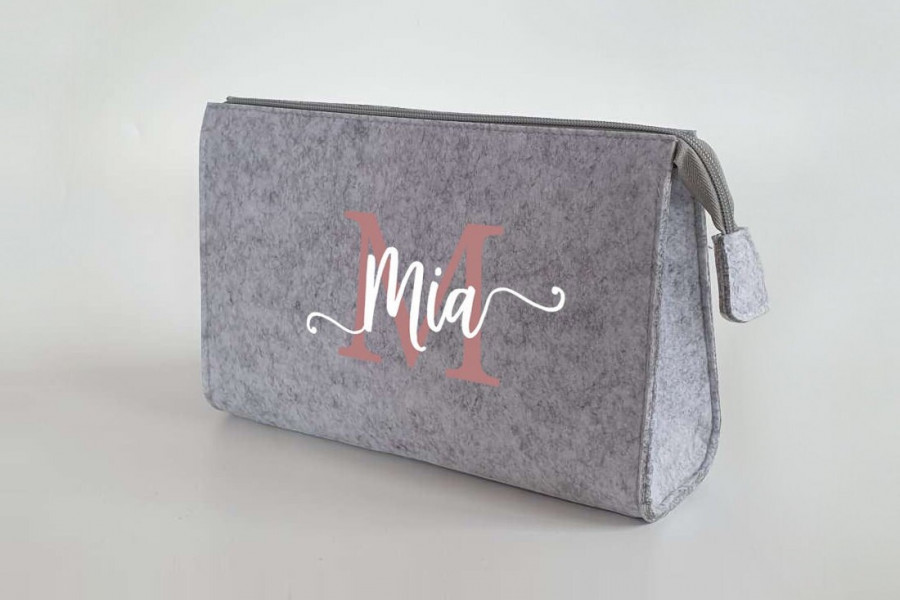 Personalisierte Kulturtasche aus Filz 28x19x8 cm | Kosmetiktasche mit Namen | Wickeltasche | Schminktasche | Geschenk | Beauty Bag