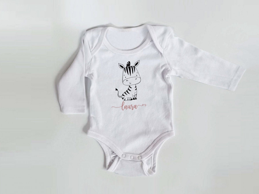 Personalisierter Body mit langen Armen, Gr. 62, 100% Baumwolle, Organic Cotton, Geschenk, Geschenkidee zur Geburt, Zebra, Schaf, Panda, Bär