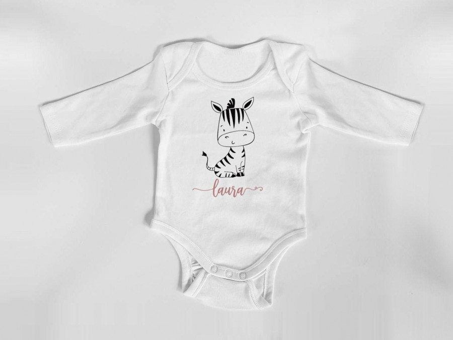 Personalisierter Body mit langen Armen, Gr. 62, 100% Baumwolle, Organic Cotton, Geschenk, Geschenkidee zur Geburt, Zebra, Schaf, Panda, Bär