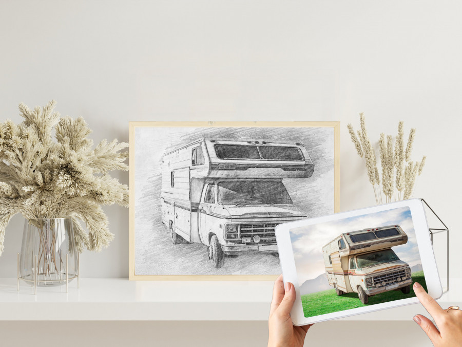 Camper Bleistiftzeichnung  | Bleistiftskizze vom Foto | Digitale Skizze | Individuelle Zeichnung | Bulli | Wohnmobil | Wohnwagen | Camping