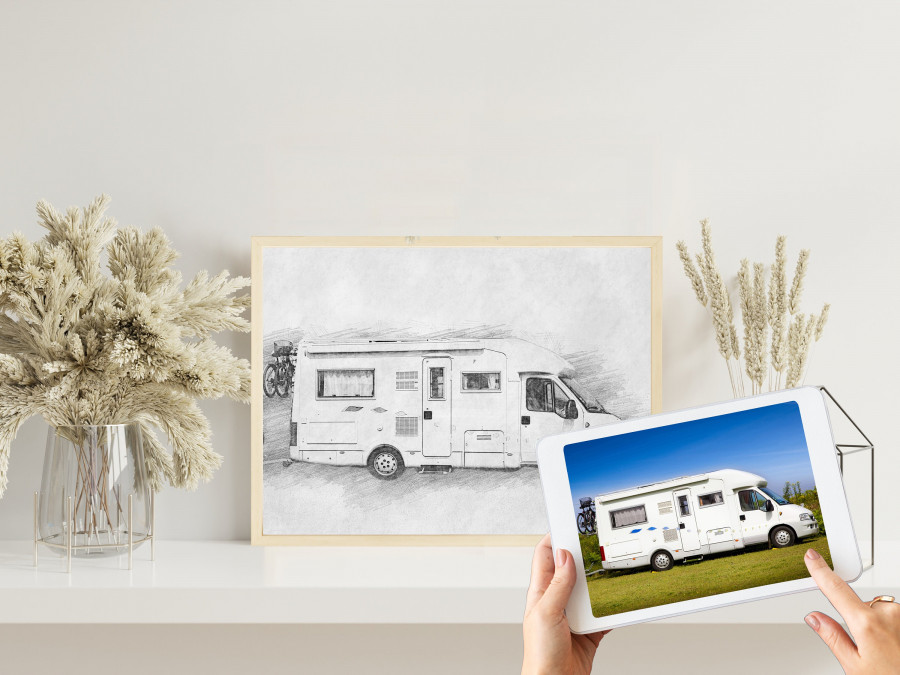 Camper Bleistiftzeichnung  | Bleistiftskizze vom Foto | Digitale Skizze | Individuelle Zeichnung | Bulli | Wohnmobil | Wohnwagen | Camping