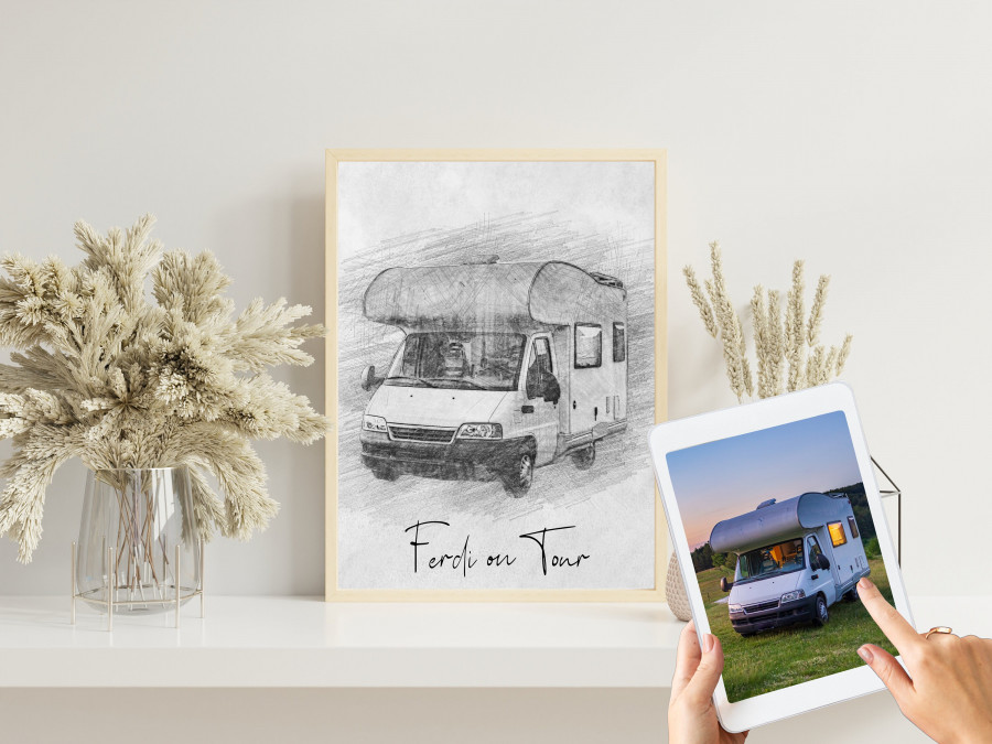 Camper Bleistiftzeichnung  | Bleistiftskizze vom Foto | Digitale Skizze | Individuelle Zeichnung | Bulli | Wohnmobil | Wohnwagen | Camping