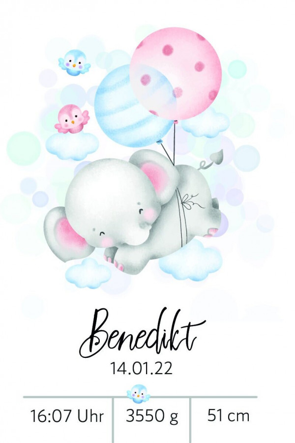 Personalisiertes Poster | Geburtsdaten | Geburt | Elefant | Geschenk | Baby | Junge | Mädchen | Plakat – Bild 3
