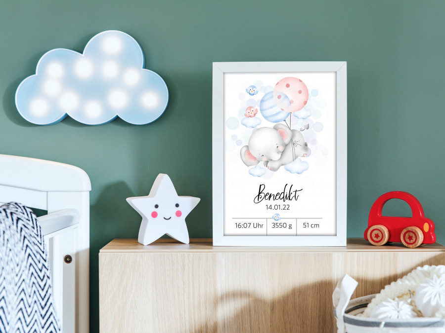 Personalisiertes Poster | Geburtsdaten | Geburt | Elefant | Geschenk | Baby | Junge | Mädchen | Plakat