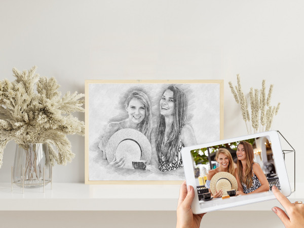 Freunde Bleistift Zeichnung vom Foto | Digitale Skizze | Bleistiftzeichnung | Personalisiert | Bleistiftskizze | Beste Freundin | Poster – Bild 1