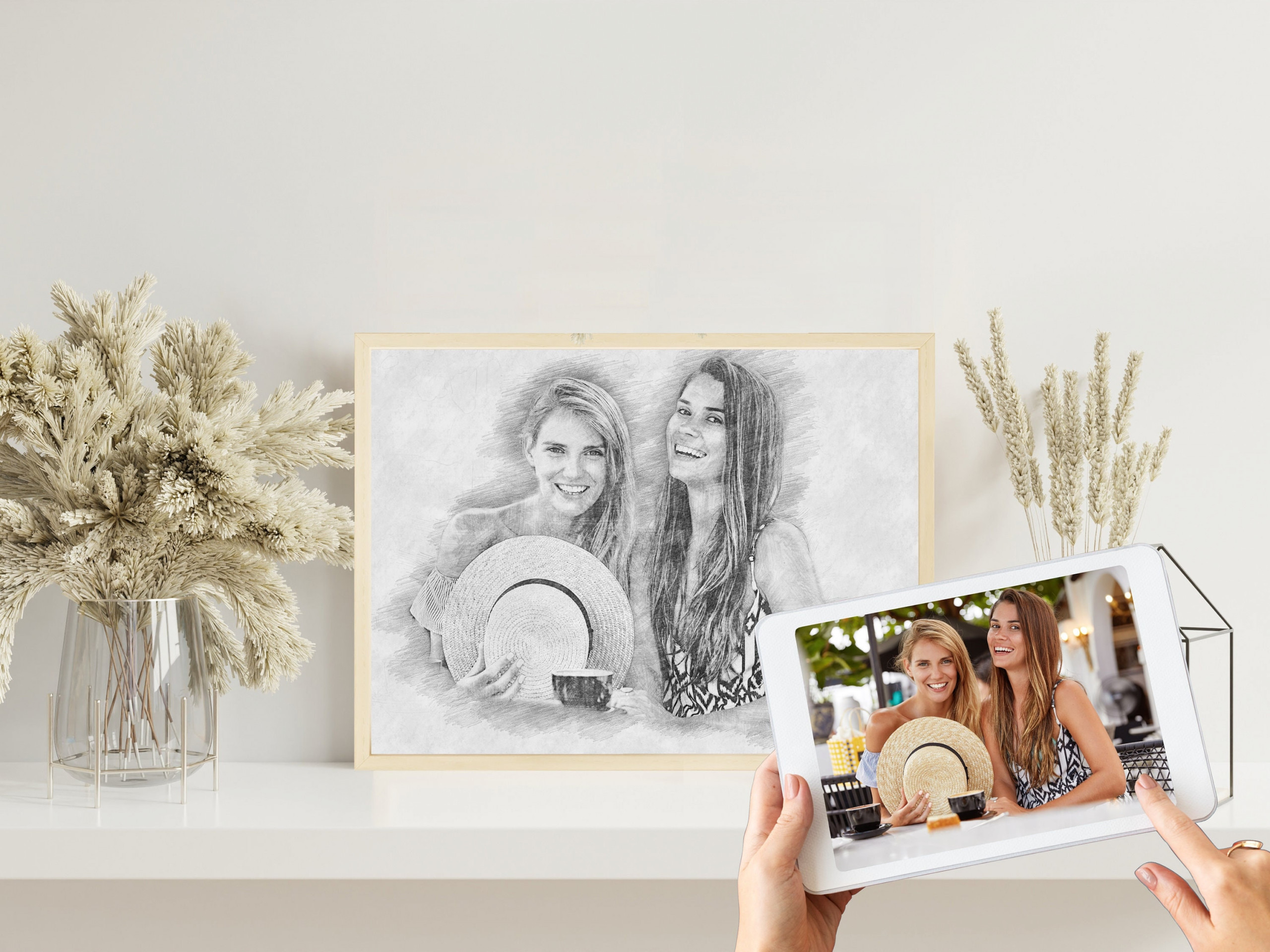 Freunde Bleistift Zeichnung vom Foto | Digitale Skizze | Bleistiftzeichnung | Personalisiert | Bleistiftskizze | Beste Freundin | Poster – Bild 1