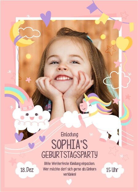 Digitale Einladung mit Foto zum Geburtstag - Karte - Whats App, EMail oder zum ausdrucken - Einhornparty - Einladungskarte - Personalisiert – Bild 2