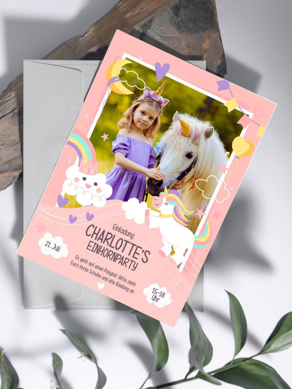Digitale Einladung mit Foto zum Geburtstag - Karte - Whats App, EMail oder zum ausdrucken - Einhornparty - Einladungskarte - Personalisiert – Bild 4