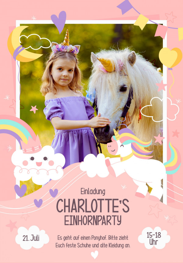 Digitale Einladung mit Foto zum Geburtstag - Karte - Whats App, EMail oder zum ausdrucken - Einhornparty - Einladungskarte - Personalisiert – Bild 3