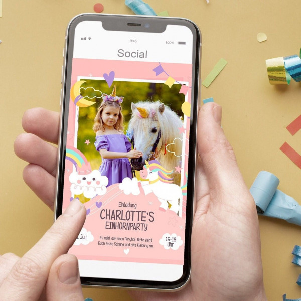 Digitale Einladung mit Foto zum Geburtstag - Karte - Whats App, EMail oder zum ausdrucken - Einhornparty - Einladungskarte - Personalisiert – Bild 1