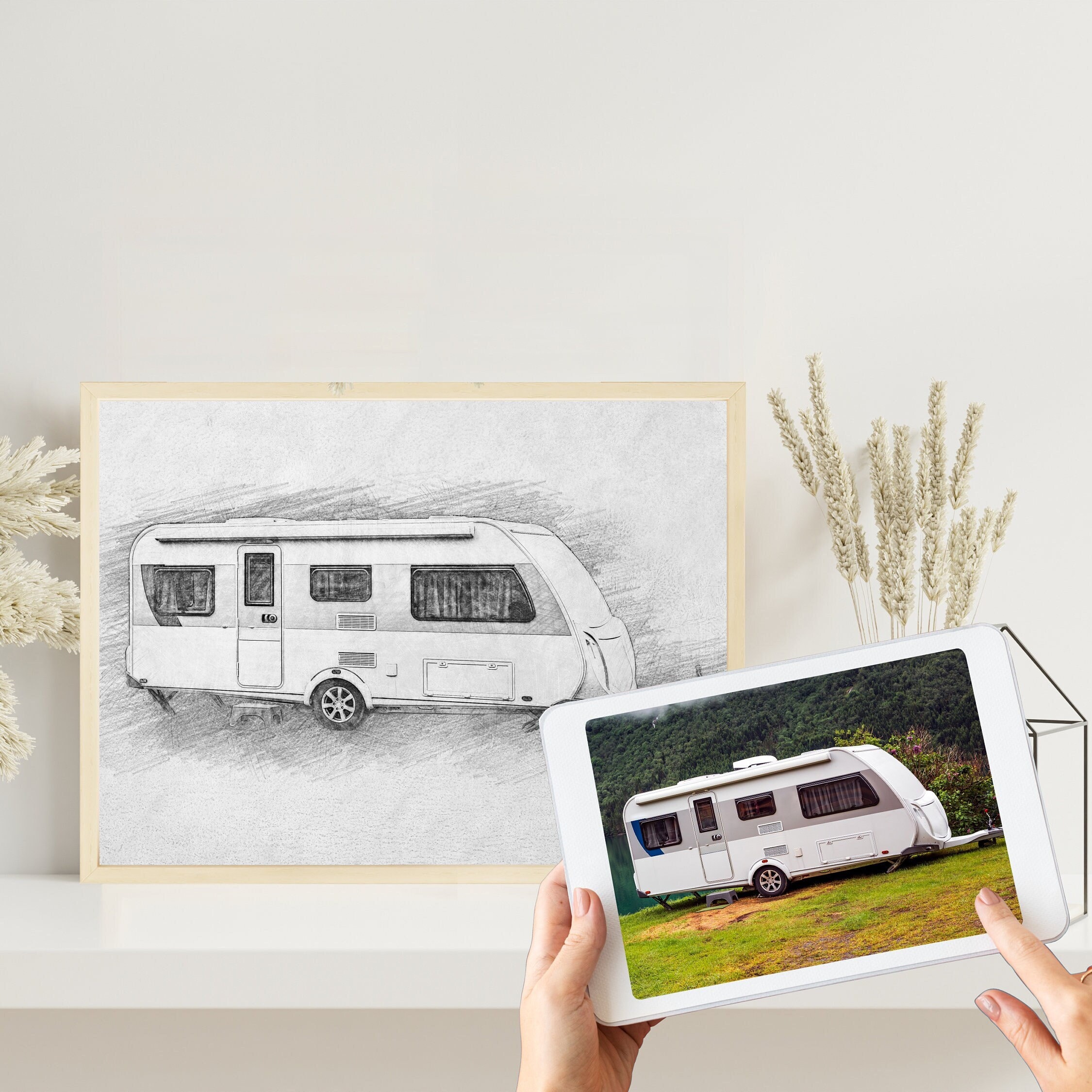 Camper Bleistiftzeichnung  | Bleistiftskizze vom Foto | Digitale Skizze | Individuelle Zeichnung | Bulli | Wohnmobil | Wohnwagen | Camping – Bild 1
