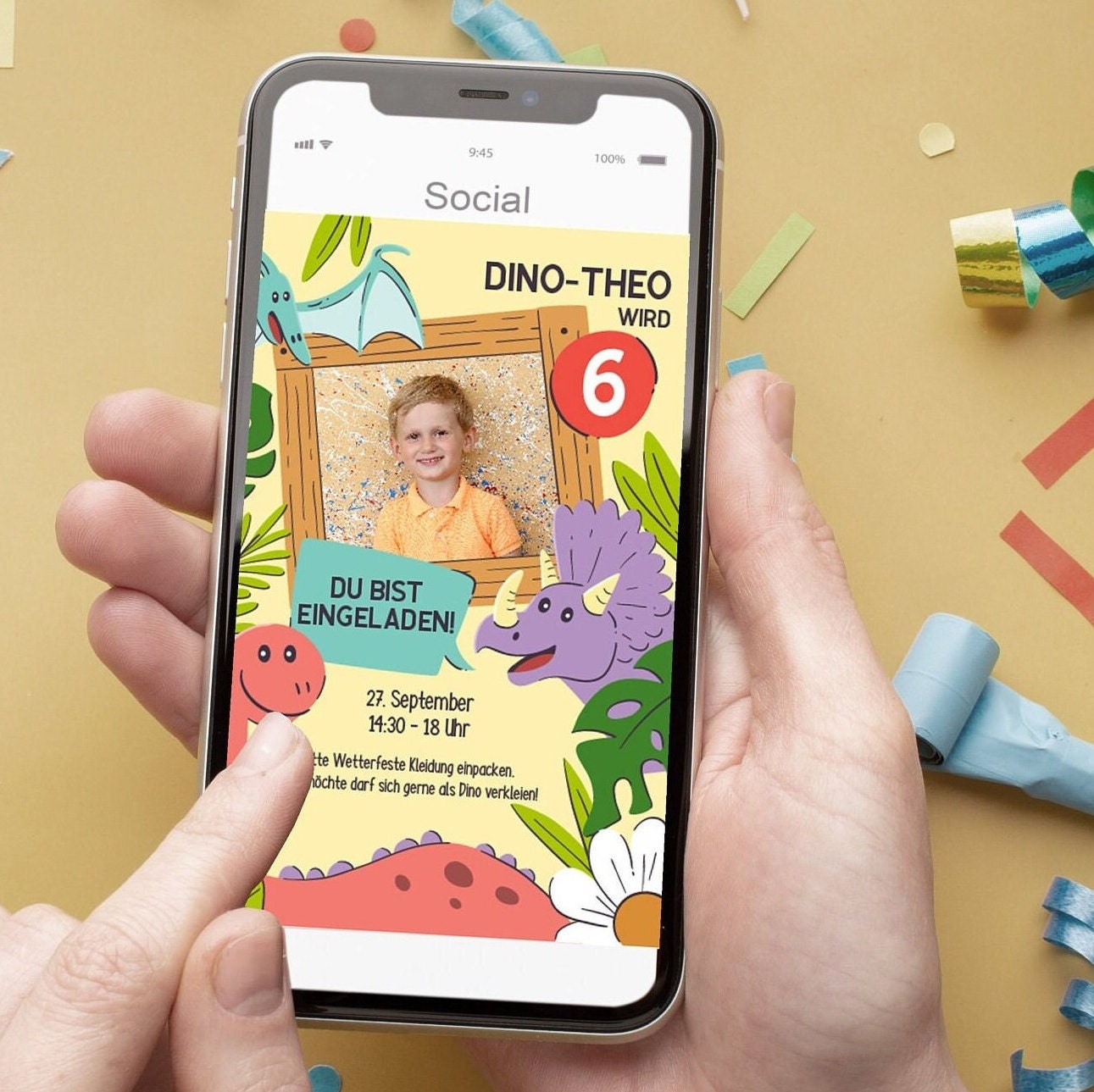 Digitale Einladung mit Foto zum Geburtstag – Karte – Whats App, EMail oder zum ausdrucken – Dinoparty – Einladungskarte – Personalisiert