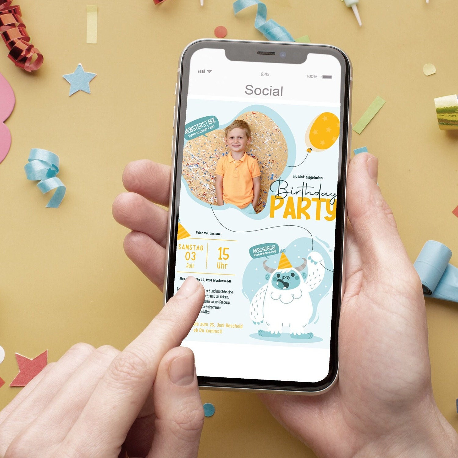 Digitale Einladung mit Foto zum Monster Geburtstag - Karte - Whats App, EMail oder zum ausdrucken - Party - Einladungskarte - Personalisiert – Bild 1