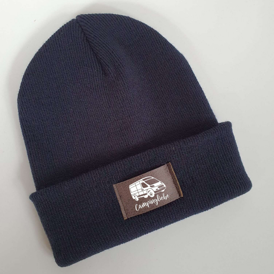Camping Mütze personalisiert | Hipster Beanie | Mütze | Wintermütze | Blaue Mütze mit Namen | Kinder und/oder Erwachsene | Wohnwagen | Bulli