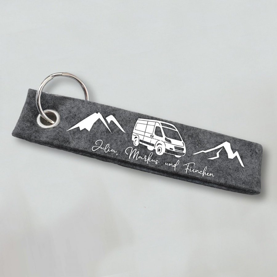 Van in den Bergen Schlüsselanhänger personalisiert mit Wunschtext, Camping, Anhänger mit Text, Schlüsselanhänger, Geschenkidee, Bulli, Bus