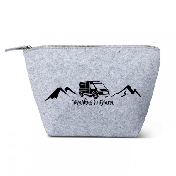 Camper Kulturtasche - Van in den Bergen aus Filz 19x18x9 | Personalisiert | Kosmetiktasche mit Namen | Campingtasche | Geschenk | Camp – Bild 1