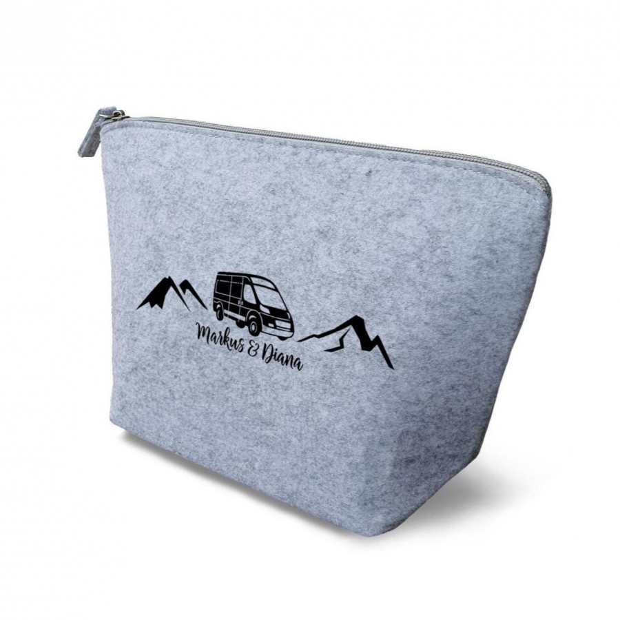 Camper Kulturtasche - Van in den Bergen aus Filz 19x18x9 | Personalisiert | Kosmetiktasche mit Namen | Campingtasche | Geschenk | Camp