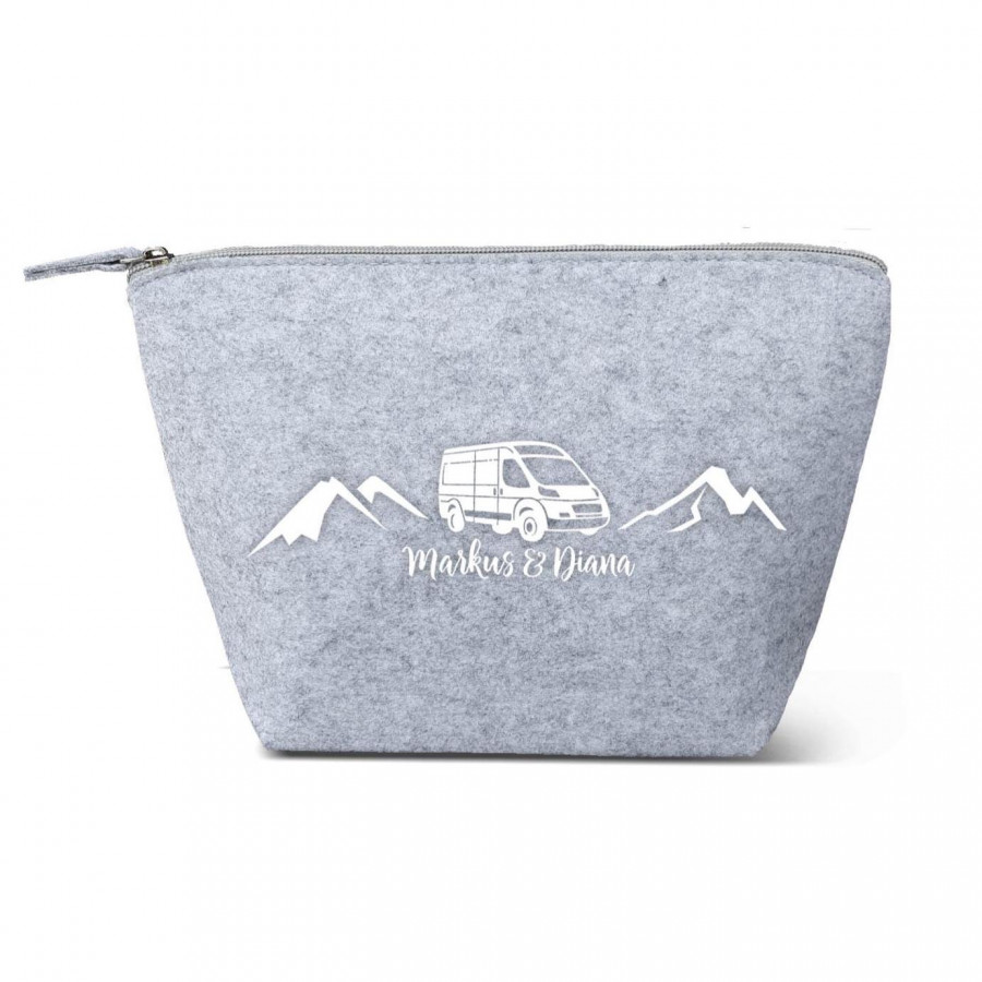 Camper Kulturtasche - Van in den Bergen aus Filz 19x18x9 | Personalisiert | Kosmetiktasche mit Namen | Campingtasche | Geschenk | Camp