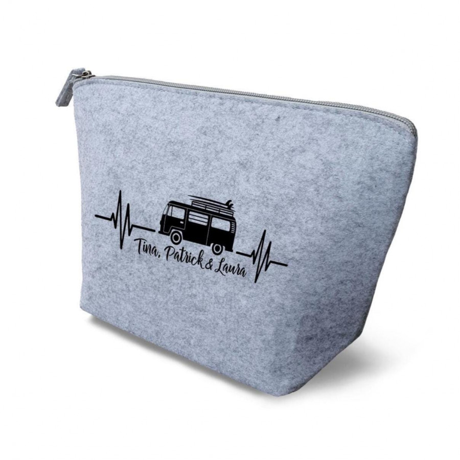 Camper Bulli Kulturtasche aus Filz 19x18x9 | Personalisiert | Kosmetiktasche mit Namen | Campingtasche | Geschenk | Beauty Bag | Camp