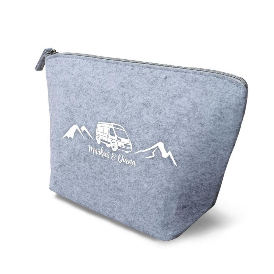 Camper Kulturtasche - Van in den Bergen aus Filz 19x18x9 | Personalisiert | Kosmetiktasche mit Namen | Campingtasche | Geschenk | Camp