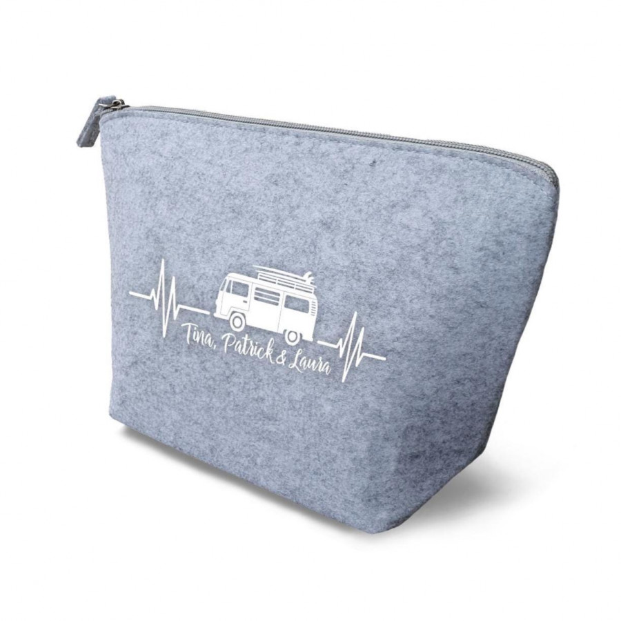 Camper Bulli Kulturtasche aus Filz 19x18x9 | Personalisiert | Kosmetiktasche mit Namen | Campingtasche | Geschenk | Beauty Bag | Camp