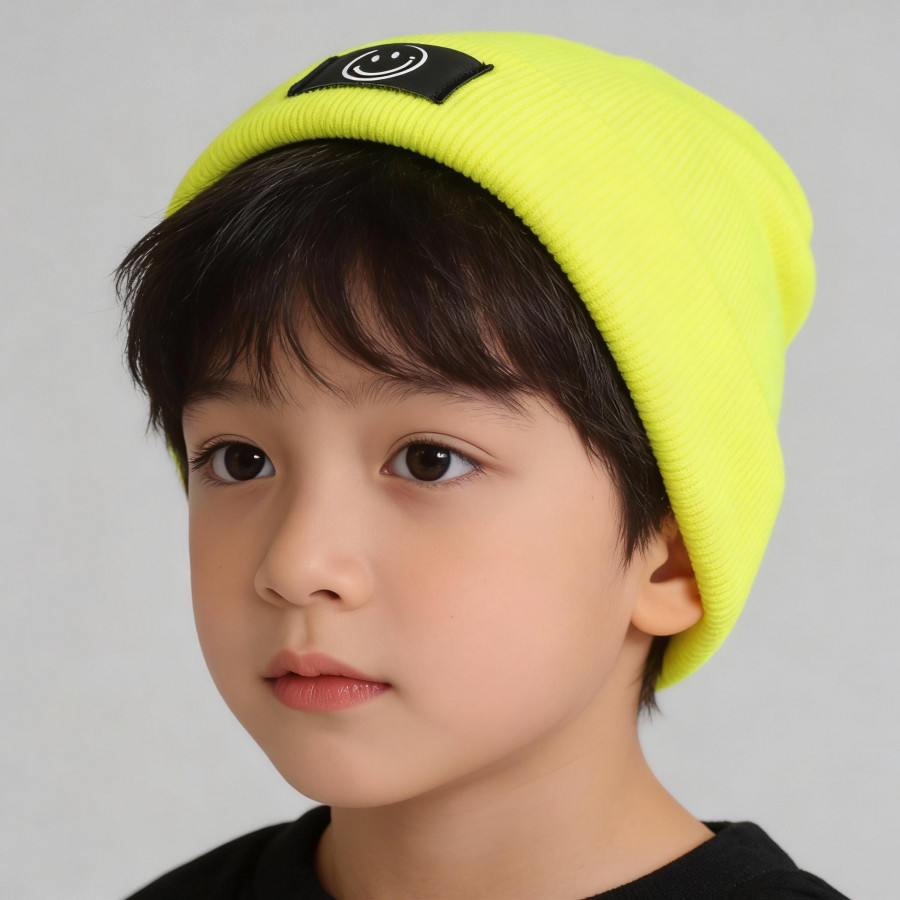 Kinder Mütze Smiley | Hipster Beanie | Mütze | Wintermütze | Neon gelbe Mütze mit Smiley | Winter