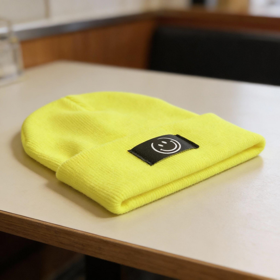 Kinder Mütze Smiley | Hipster Beanie | Mütze | Wintermütze | Neon gelbe Mütze mit Smiley | Winter