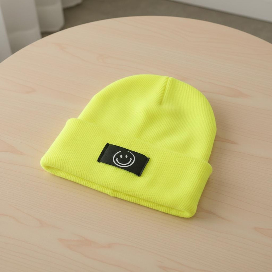 Kinder Mütze Smiley | Hipster Beanie | Mütze | Wintermütze | Neon gelbe Mütze mit Smiley | Winter
