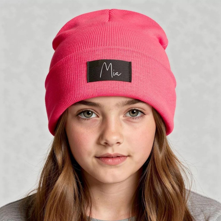 Kinder Mütze personalisiert | Hipster Beanie | Mütze | Wintermütze | Neon pinke Mütze mit Namen | Winter
