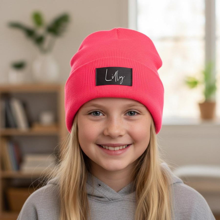Kinder Mütze personalisiert | Hipster Beanie | Mütze | Wintermütze | Neon pinke Mütze mit Namen | Winter