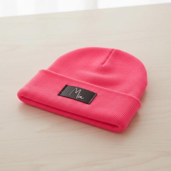 Kinder Mütze personalisiert | Hipster Beanie | Mütze | Wintermütze | Neon pinke Mütze mit Namen | Winter – Bild 2