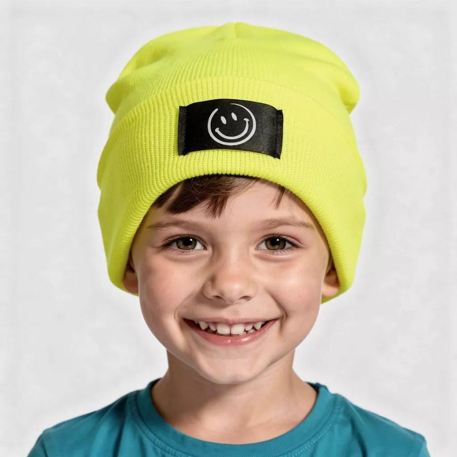 Kinder Mütze Smiley | Hipster Beanie | Mütze | Wintermütze | Neon gelbe Mütze mit Smiley | Winter