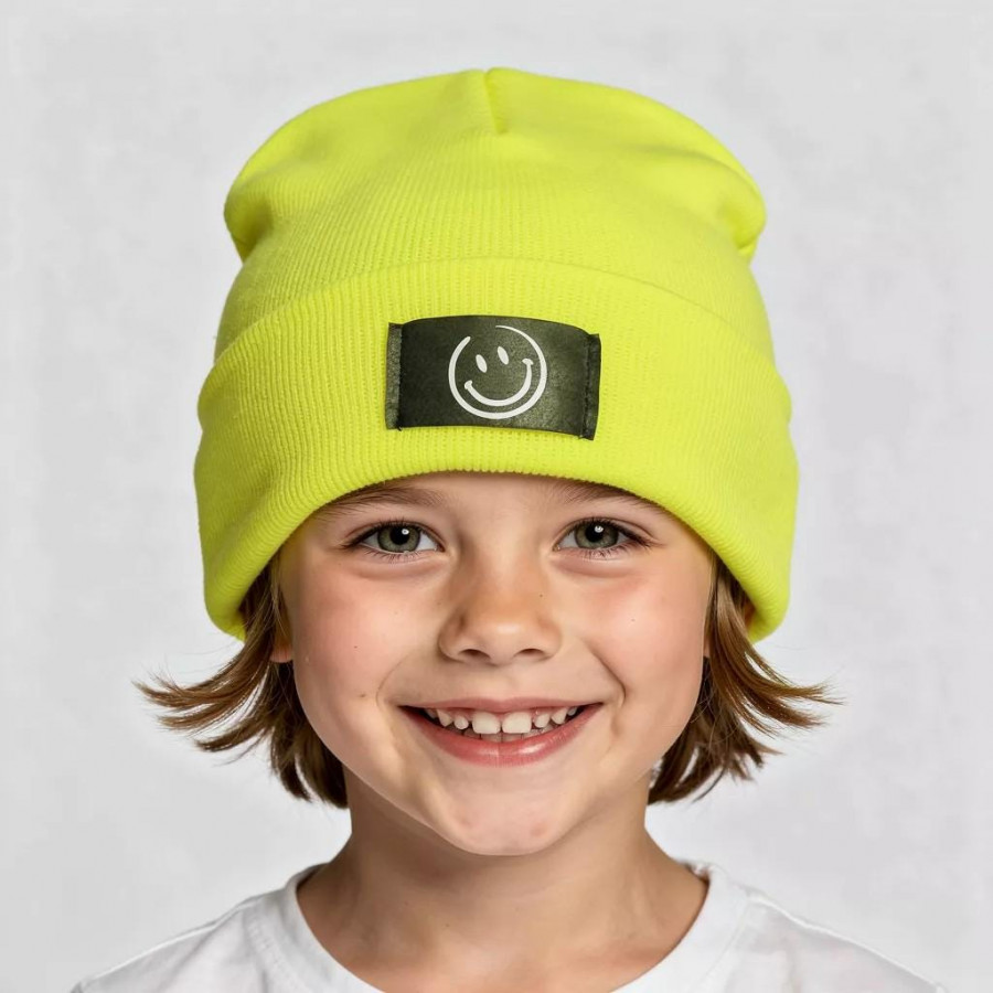 Kinder Mütze Smiley | Hipster Beanie | Mütze | Wintermütze | Neon gelbe Mütze mit Smiley | Winter