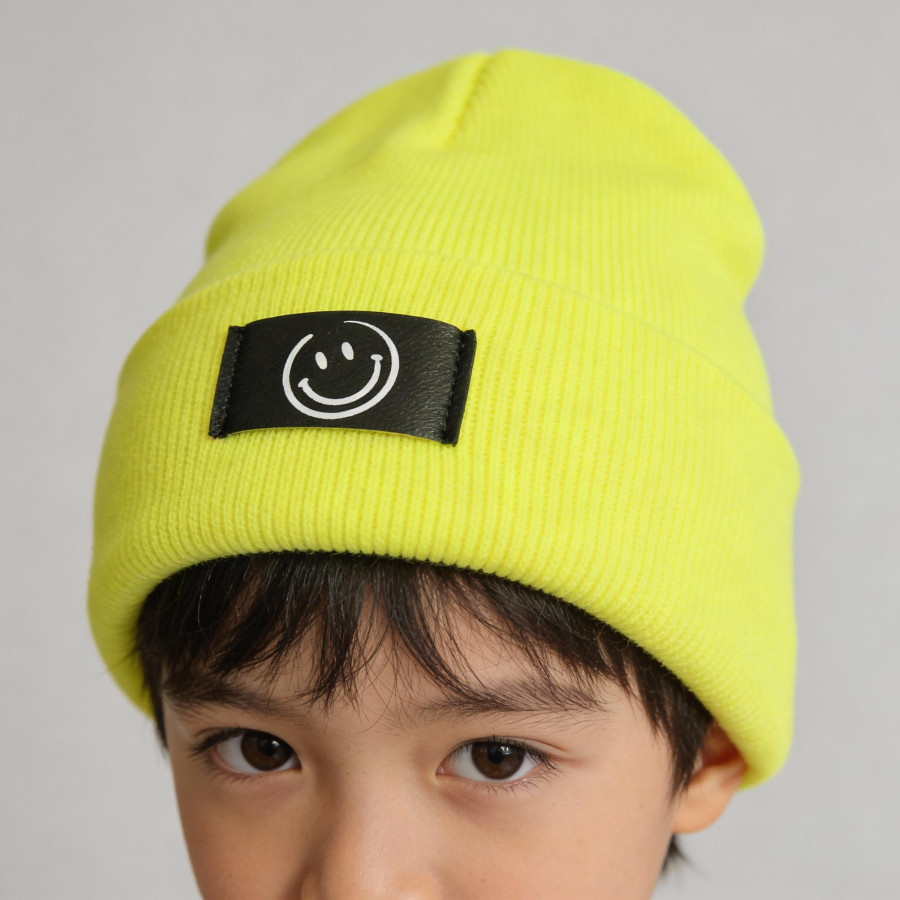 Kinder Mütze Smiley | Hipster Beanie | Mütze | Wintermütze | Neon gelbe Mütze mit Smiley | Winter