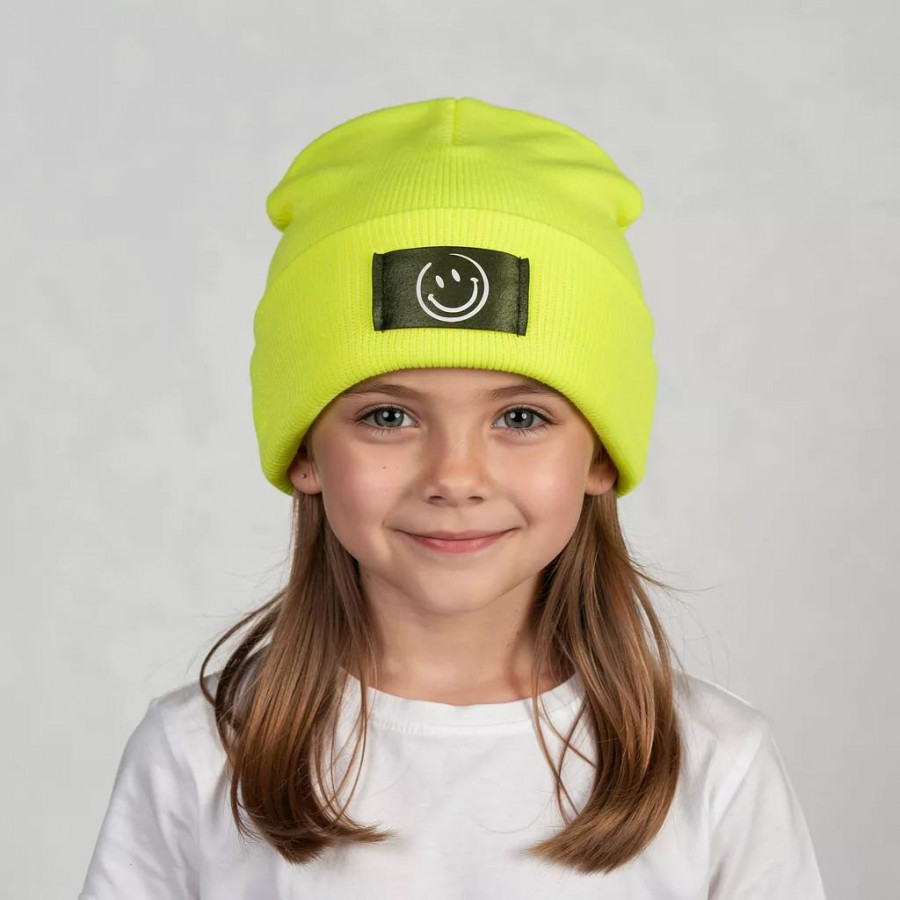 Kinder Mütze Smiley | Hipster Beanie | Mütze | Wintermütze | Neon gelbe Mütze mit Smiley | Winter