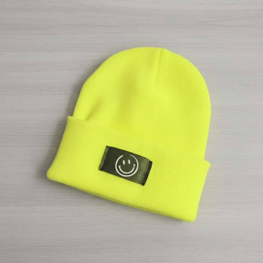 Kinder Mütze Smiley | Hipster Beanie | Mütze | Wintermütze | Neon gelbe Mütze mit Smiley | Winter