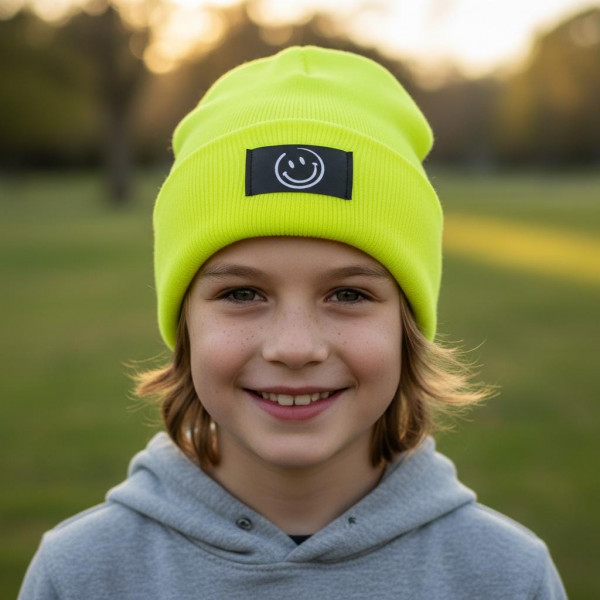 Kinder Mütze Smiley | Hipster Beanie | Mütze | Wintermütze | Neon gelbe Mütze mit Smiley | Winter – Bild 10