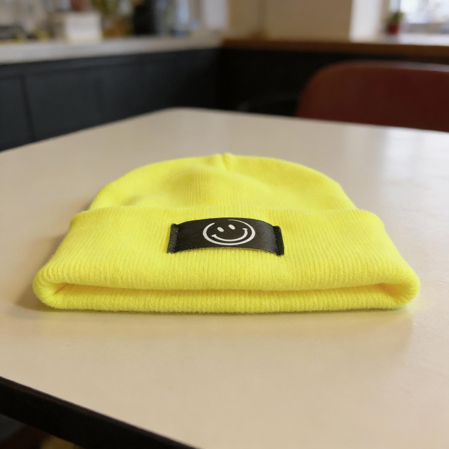 Kinder Mütze Smiley | Hipster Beanie | Mütze | Wintermütze | Neon gelbe Mütze mit Smiley | Winter