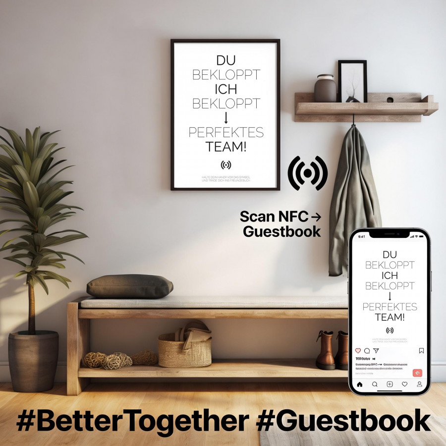 Stilvolles „Perfektes Team“-Poster mit integriertem NFC-Chip. Einfach scannen und dein persönliches, digitales Freundebuch öffnen.
