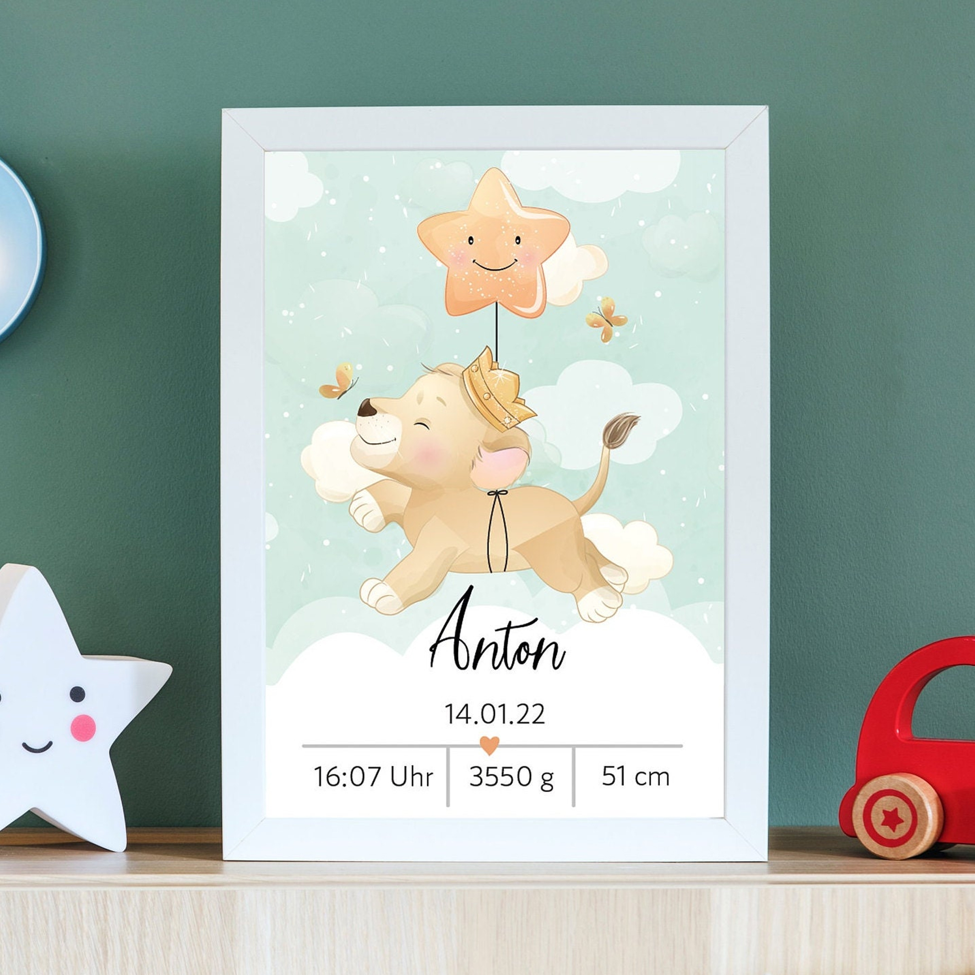 Personalisiertes Löwen Poster | Geburtsdaten | Geburt | Löwe | Geschenk | Baby | Junge | Mädchen | Plakat | Bild | Name | Geschenk – Bild 1