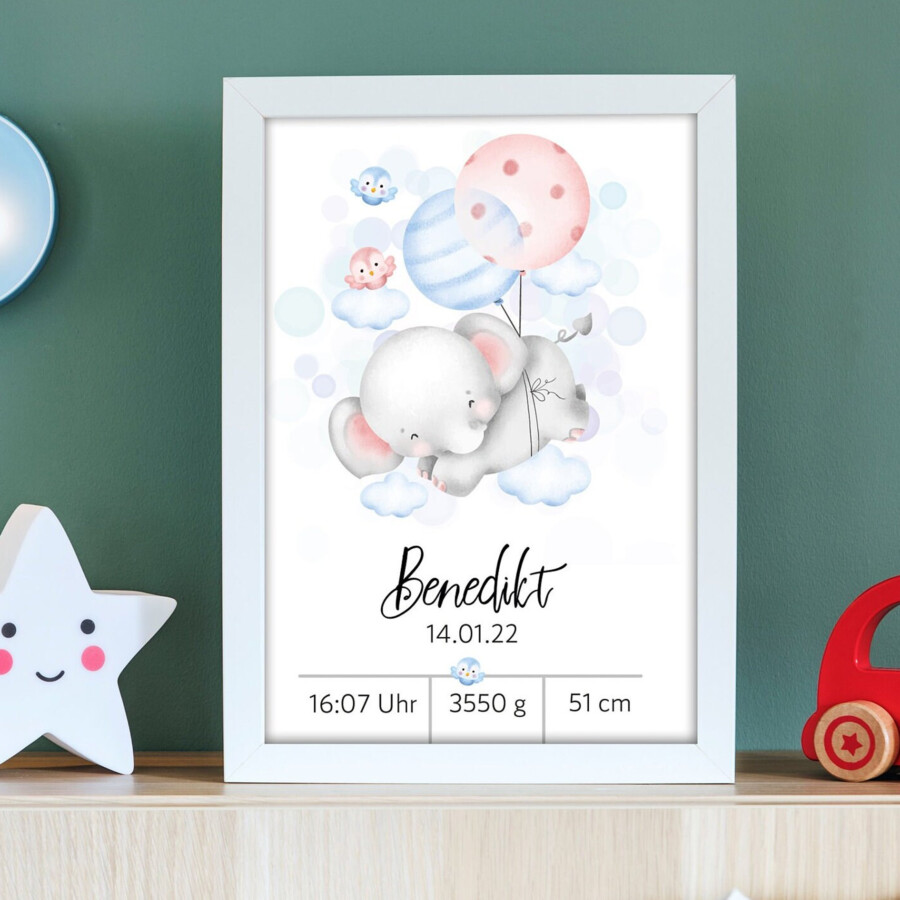 Personalisiertes Poster | Geburtsdaten | Geburt | Elefant | Geschenk | Baby | Junge | Mädchen | Plakat